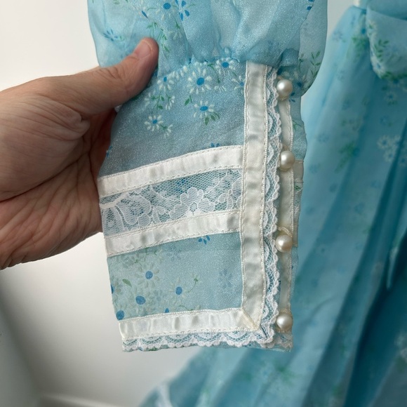 Vintage 70s Gunne Sax Style Blue Prairie Dress High Neck Lace Trim Cottagecore - Picture 14 of 15